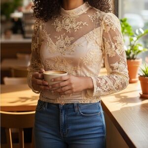Peach Sheer Lace Floral Blouse Women’s Medium High Neck Romantic Top